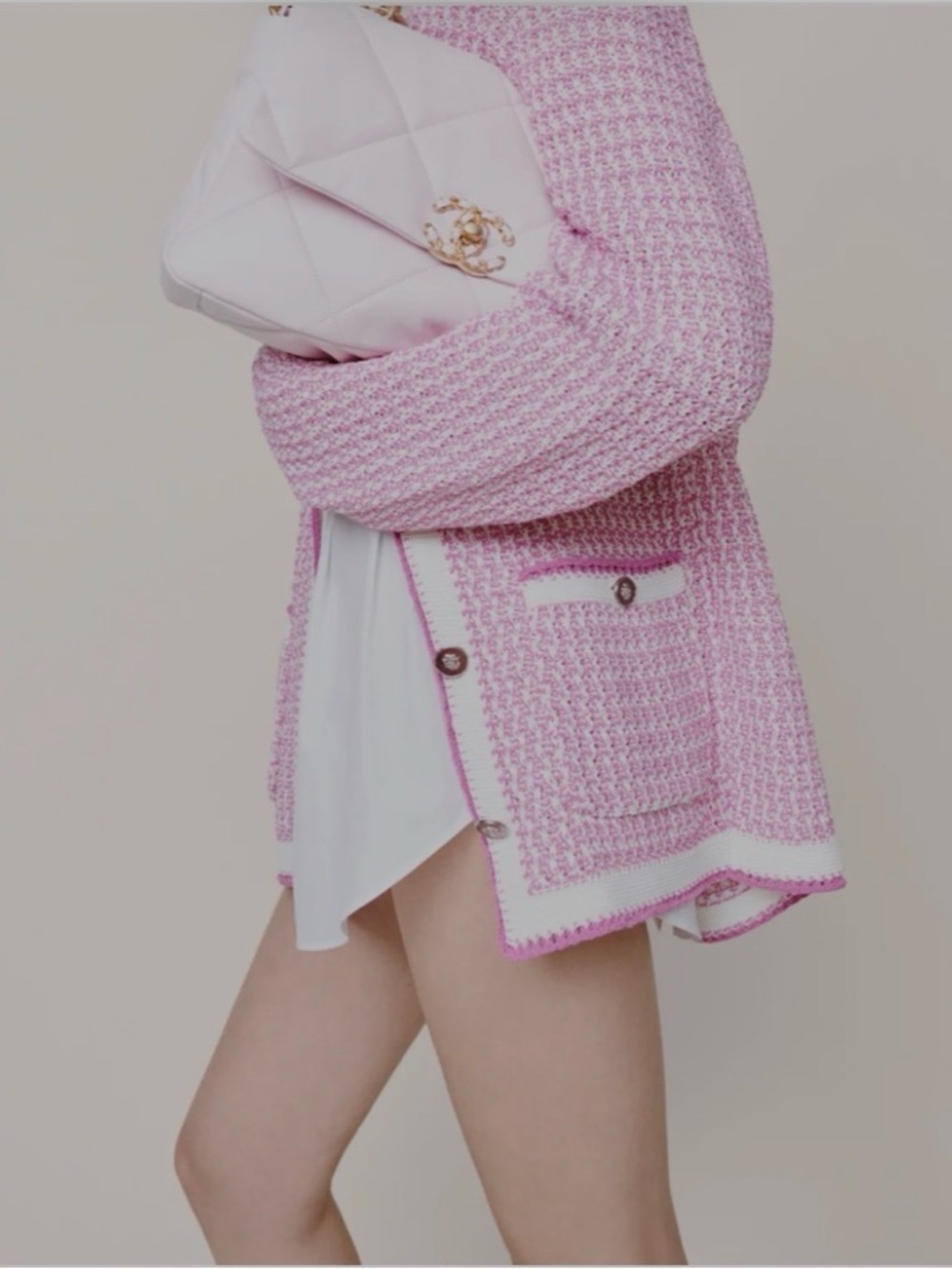 NWT CHANEL Oversized Pink and Ecru Open Jacket Cardigan French Size 34